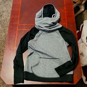 Gray cowl-neck hooded sweatshirt